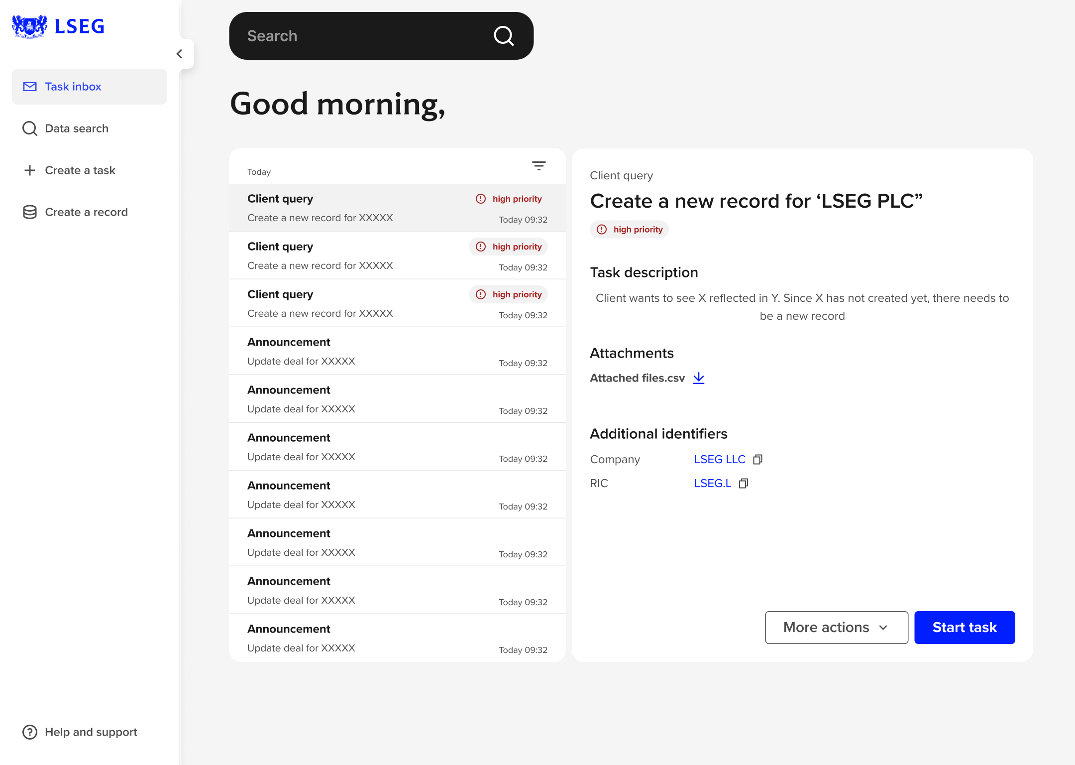 Task inbox and task detail view with priority, ownership, and next steps visible